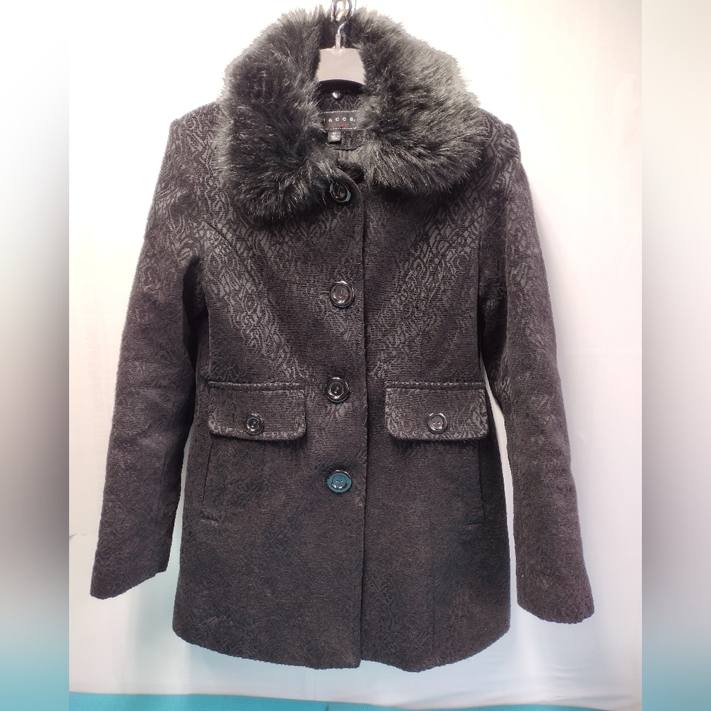 GIACCA Vintage Jacquard Faux Fur Collar Pea Coat Single Breasted Size M